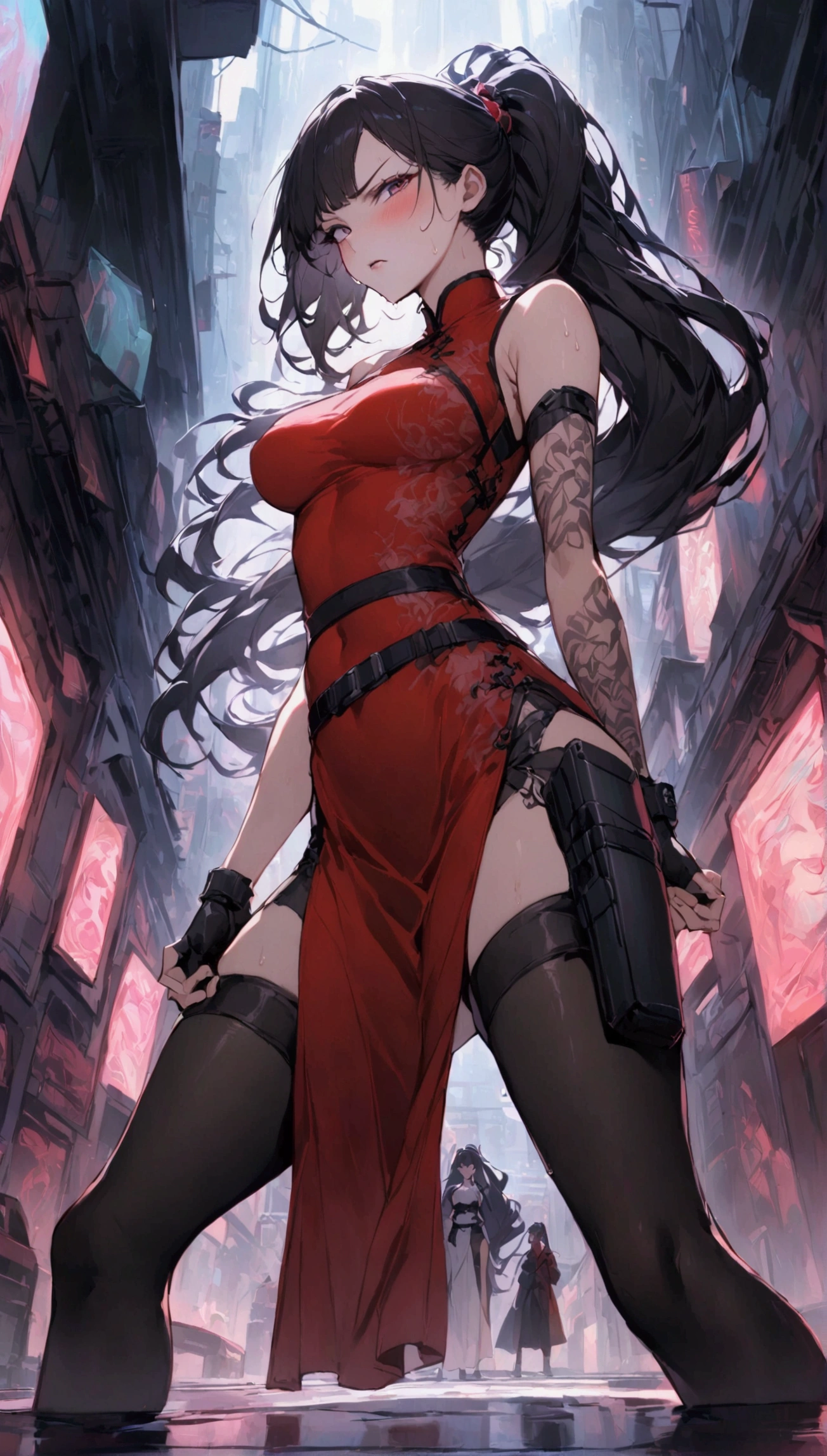 Dynamic composition,dutch angle,from side,{{masterpiece}}, {{{Highest quality}}},{{Very detailed}},{{Fight}},{{fighting stance:1.6}},{{critical situation:1.6}},{{hold down one's stomach with one's hands:1.6}},1girl,30years old,{Mature Woman}},cyberpunk,{{RED Chinese clothing:1.2}},Red sleeveless Chinese dress,pelvic curtain,black stockings,belt,black fingerless gloves,Lace arm covers,holster,{{Grit your teeth:1.4}},one eye closed, ,{{v-shaped eyebrows}},Bad mood,blush,Sweat,raise one's eyebrows ,{{View your viewers}}、Very long long hair in a ponytail.abdominal pain ,{{pain}},Inside the dojo,indoor