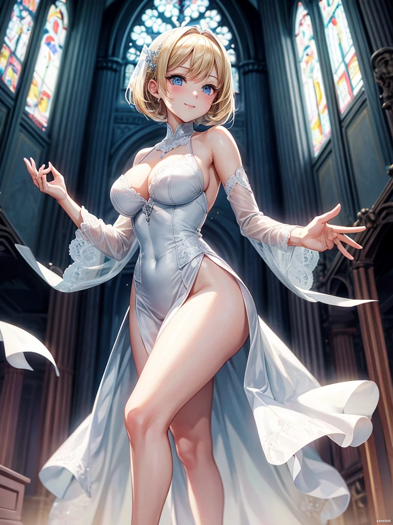 Anime style, super fine illustration, highly detailed, beautiful detailed, pale tone image, static representation, gentle expression, 8k, pretty 1girl with blonde straight short hair & blue eyes & a bright smile & full bust & soft fair skin is wearing the wedding dress in the church, brilliant particles of lights, romantic stories, solo, perfect 5fingers, perfect arms, perfect legs, masterpiece.