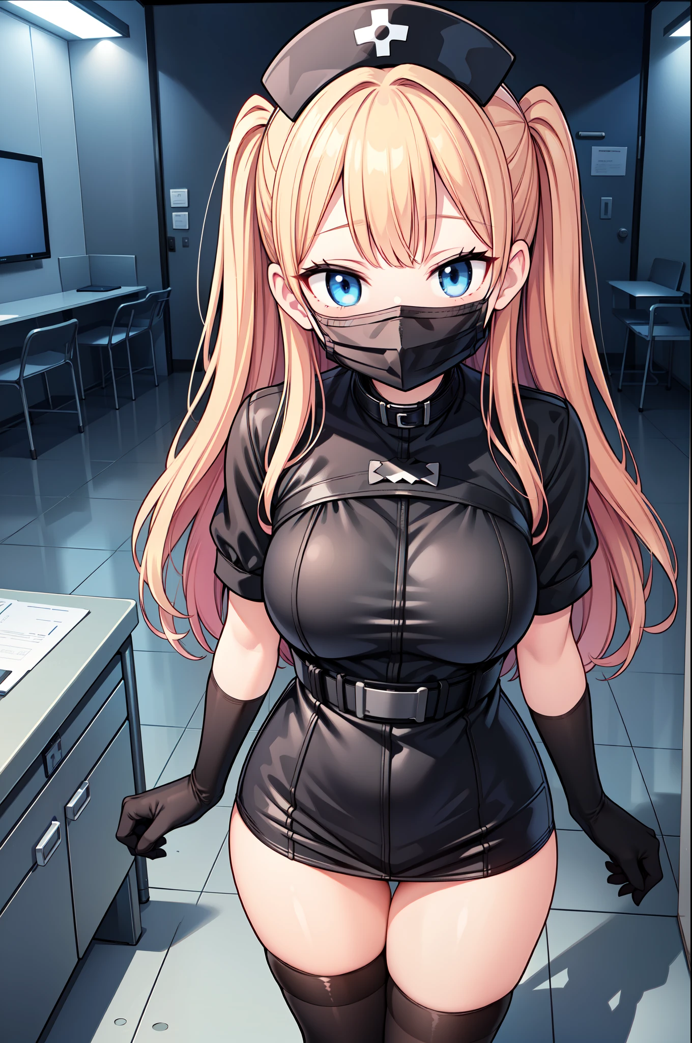 black nurse, 1woman, solo, black nurse cap, black nurse uniform, ((black legwear, zettai ryouiki)), black elbow gloves, blonde hair, blue eyes, ((black surgical mask, covered nose)), standing, ((surgery room)), sharp outline, short sleeves, mature female, 35 years old, best quality, masterpiece