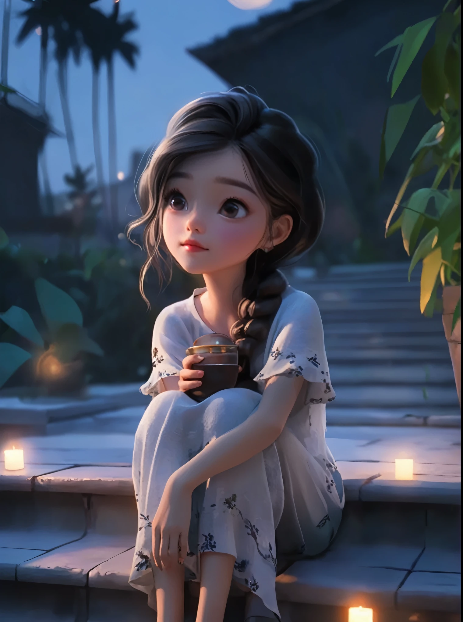 A long-haired girl sitting on a bench，Holding a cup in hand, charming细致的数字艺术, charming的数字艺术, charming卡通 character, charming的肖像, charming卡通, charming的角色, Soft portrait shots 8 k, charming的数字, charming的 3d 渲染, charming, charming的动漫女孩, charming美丽, Beautiful soft lighting, charming, charming的卡哇伊女孩