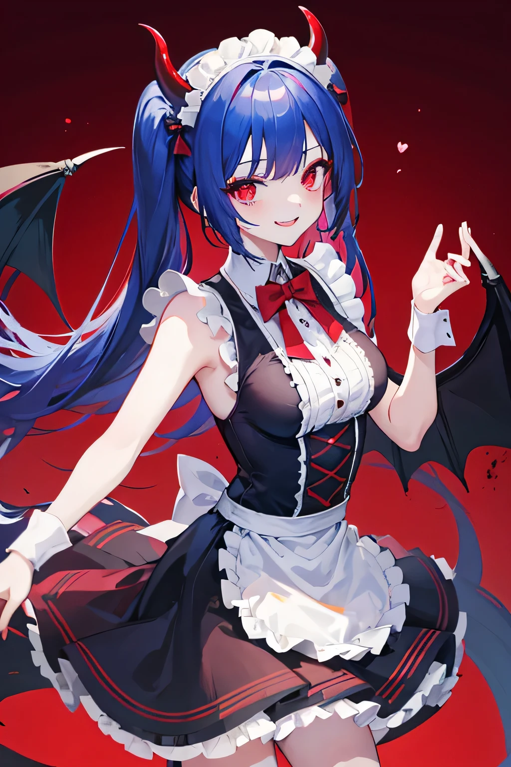 A beautiful girl, demon, maid, smiling, red crimson eyes color, dark blue hair color, demon horns, demon tails, demon wing, 27-year-old, playful, heart sign