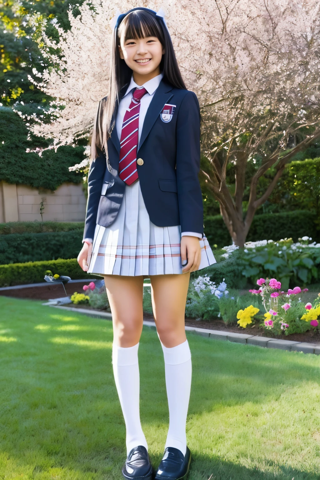 high school girl、front、whole body、uniform、skirt、Knee-high socks、loafers garden、smile、Long Black Hair