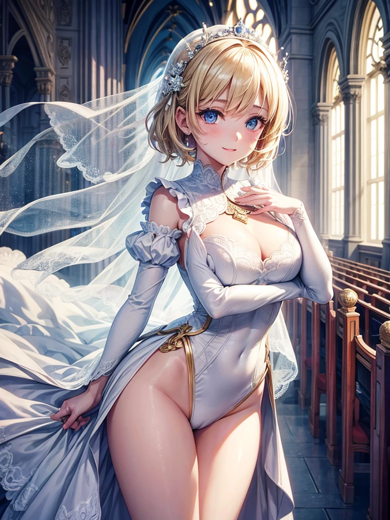 Anime style, super fine illustration, highly detailed, beautiful detailed, pale tone image, static representation, gentle expression, 8k, pretty 1girl with blonde straight short hair & blue eyes & a bright smile & full bust & soft fair skin is wearing the wedding dress in the church, brilliant particles of lights, romantic stories, solo, perfect 5fingers, perfect arms, perfect legs, masterpiece.