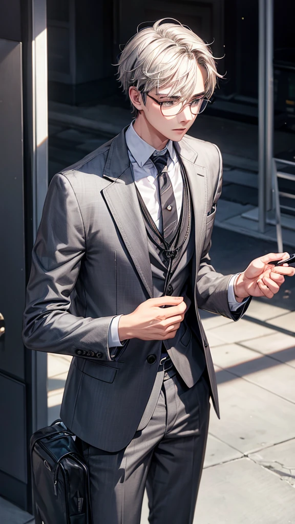 A male ager wearing a gray suit wearing headphones, gray hair, black eyes, wearing glasses