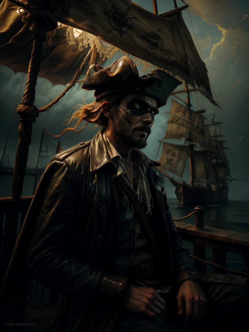 Pirate with an eyepatch, Bearded, Grim face, Wear a tricorn hat, Scary look, On the deck of a pirate ship, Dramatic lighting, Structure of the film, Digital Painting, Cinema Lighting, A calming color palette, Gloomy atmosphere