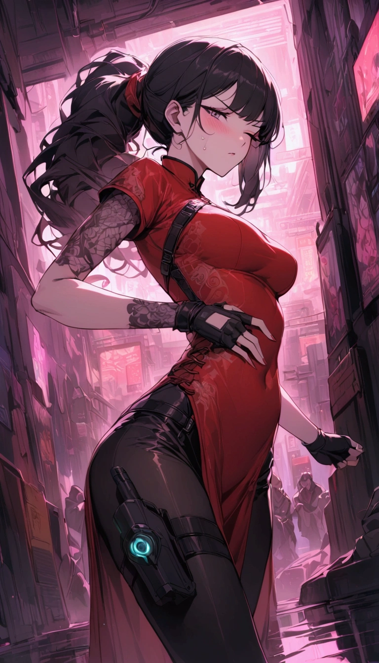 Dynamic composition,dutch angle,from side,{{masterpiece}}, {{{Highest quality}}},{{Very detailed}},{{Fight}},{{fighting stance:1.6}},{{critical situation:1.6}},{{hold down one's stomach with one's hands:1.6}},1girl,30years old,{Mature Woman}},cyberpunk,{{RED Chinese clothing:1.2}},Red short sleeves Chinese dress,pelvic curtain,black stockings,belt,black fingerless gloves,Lace arm covers,holster,{{Grit your teeth:1.4}},one eye closed, ,{{v-shaped eyebrows}},Bad mood,blush,Sweat,raise one's eyebrows ,{{View your viewers}}、Very long long hair in a ponytail.abdominal pain ,{{pain}},Inside the dojo,indoor