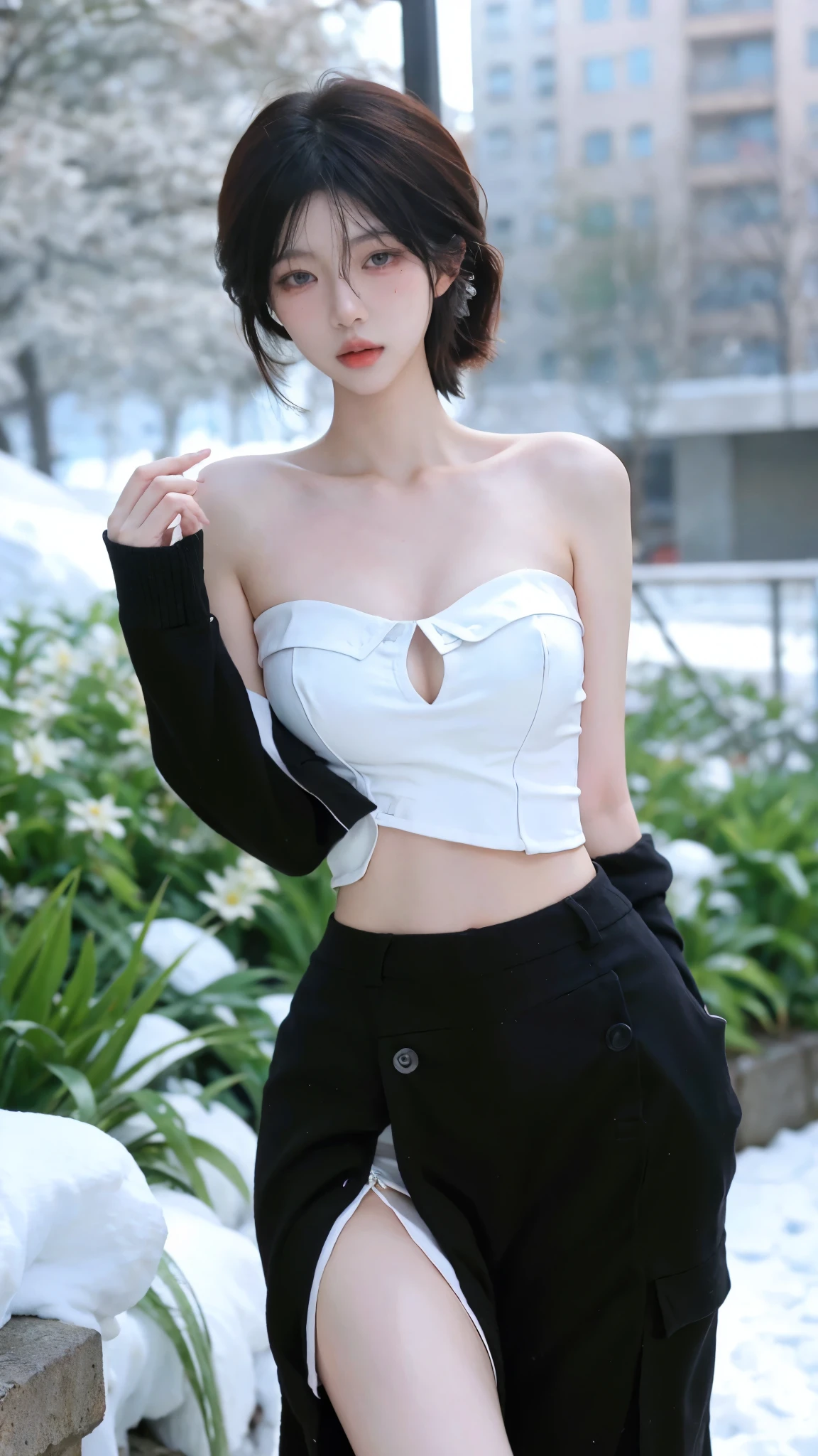 Beautiful woman with perfect figure:1.4,snow,Touching butt with both hands,snow背景,Layered Hairstyle,White skin,Prominent cleavage,Pleated Skirt,whole body,Very delicate face and skin texture,Double eyelids,Skin Whitening,Long white hair