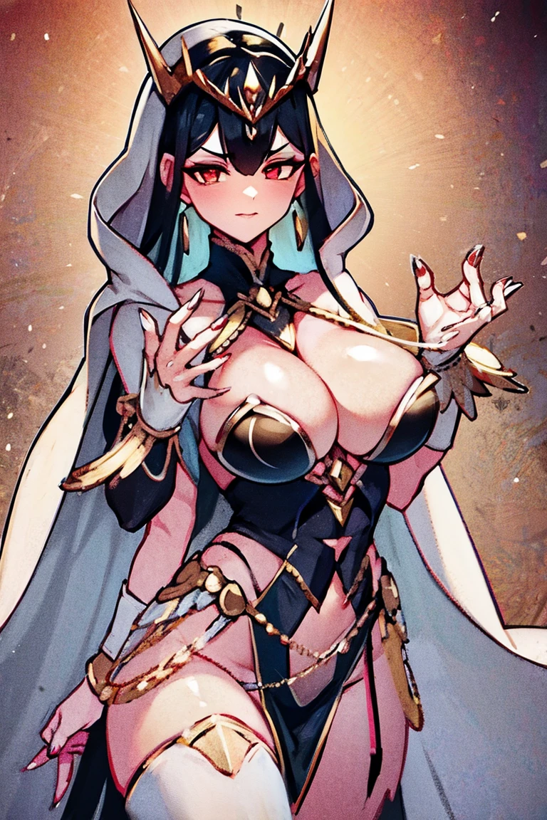 black hair, bare shoulder, red eyes, very long hair, cleavage, large breasts, dress, showgirl skirt, high-leg, cleavage cutout, tiara, bare thighs, gauntlets, bare shoulder, (((perfect hands, perfect fingers, accurate hands and fingers, 5 fingers))), adult face, fearless face, 