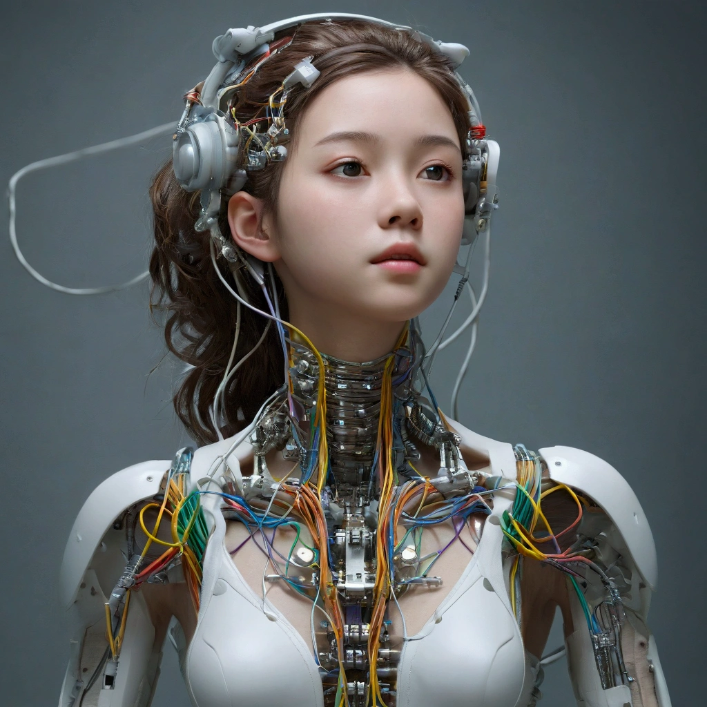 (masterpiece, Highest quality, Highest quality, Official Art, beautifully、aesthetic:1.2), (One girl:1.3), Very detailed,colorful,Most detailed ((Very detailed)), (Highly detailed CG illustrations), ((Very delicate and beautiful)),(From the side),Cinematic Light,((1. Machine Girl)),alone,whole body,(Machine made joints:1.2),((Mechanical limbs)),(Mechanical vertebrae attached to the back),((Cervical vertebrae mechanically attached to the neck)),(Sitting),Expressionless,(((Wires and cables around the neck:1.2))),(Overhead wires and cables:1.2)(Character Focus),sf,Research Room