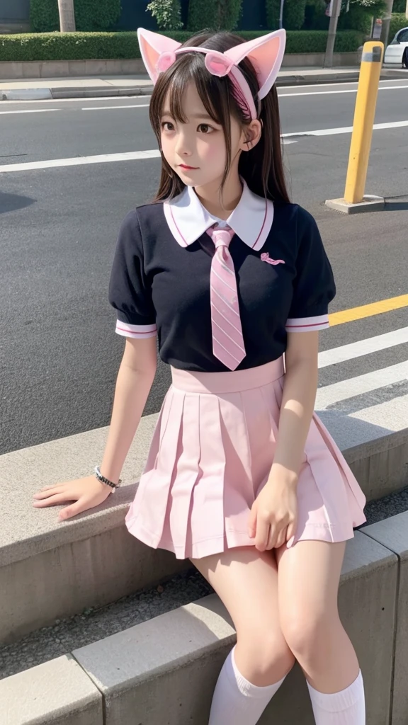 Cute Girls、high school girl、uniform、mini skirt、See-through、Fluttering in the wind、Pink cat ears、sit