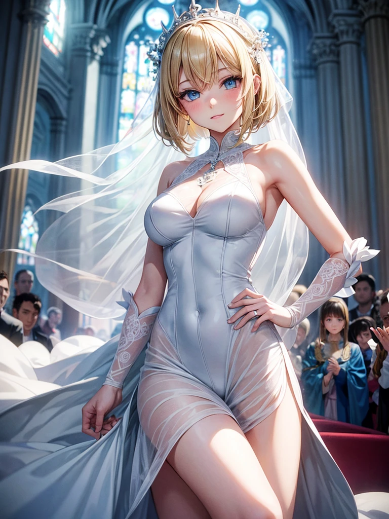 Anime style, super fine illustration, highly detailed, beautiful detailed, pale tone image, static representation, gentle expression, 8k, pretty 1girl with blonde straight short hair & blue eyes & a bright smile & full bust & soft fair skin is wearing the wedding dress in the church, brilliant particles of lights, romantic stories, solo, perfect 5fingers, perfect arms, perfect legs, masterpiece.