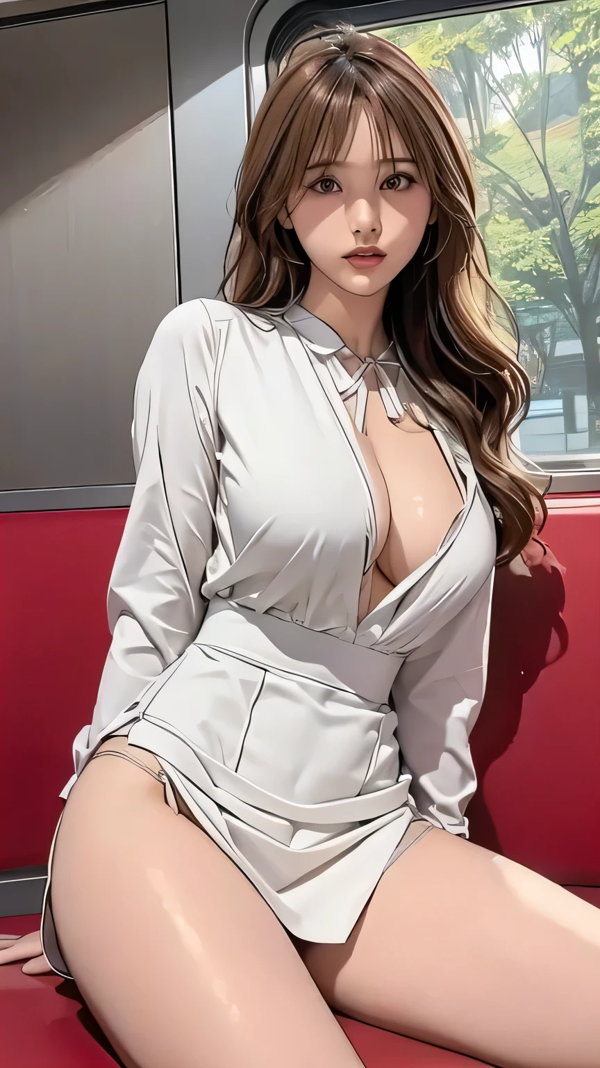8K,The last train with no one、subway、One beautiful woman、Face details、26yo, Beautiful face、F cup breasts、valley、Sitting in a seat、OL、Triangular face、Slender、Tight mini skirt、Being drunk、Sleeping、suit、Her legs are open and her white panties are slightly visible、Frontal shot from below、Open your legs、She shows me her panties and seduces me、M-shaped legs、Open your eyes,White business shirt