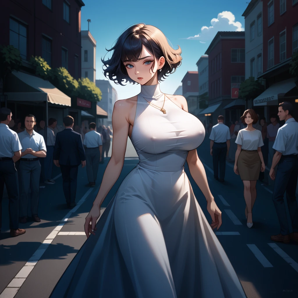 best quality, 1 girl, (sKindentation), (Huge breasts:1.2), (blur bacKground:0.6), (street:1.2), (people, crowd:1), garden, sky, outdoor, (Casual yet stylish, elegant fabric, high necK dress:1.5), Gorgeous, (bangs, short hair:1.5), (flowing hair:1.2), (dynamic poses:1.2), soft light, wind, (headlight:1.5), maKeup, nipple