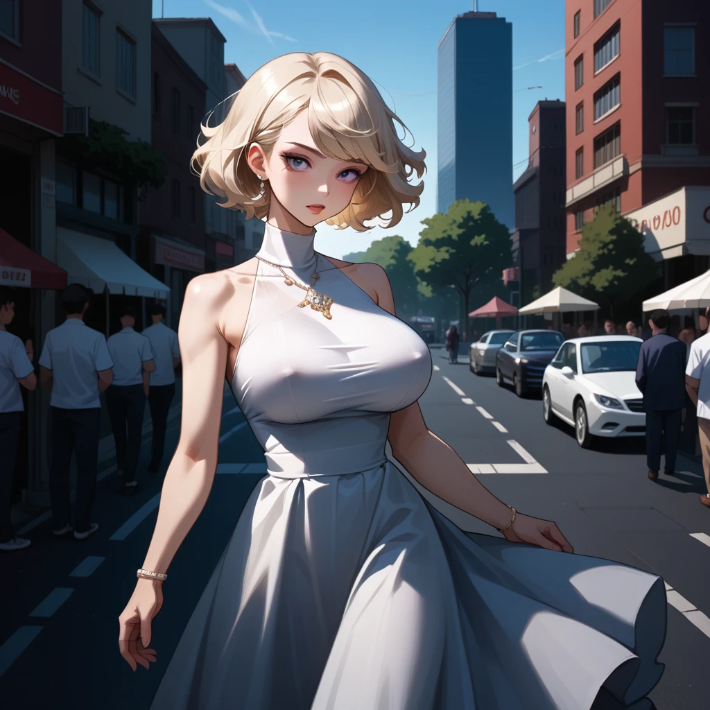 best quality, 1 girl, (sKindentation), (Huge breasts:1.2), (blur bacKground:0.6), (street:1.2), (people, crowd:1), garden, sky, outdoor, (Casual yet stylish, elegant fabric, high necK dress:1.5), Gorgeous, (bangs, short hair:1.5), (flowing hair:1.2), (dynamic poses:1.2), soft light, wind, (headlight:1.5), maKeup, nipple
