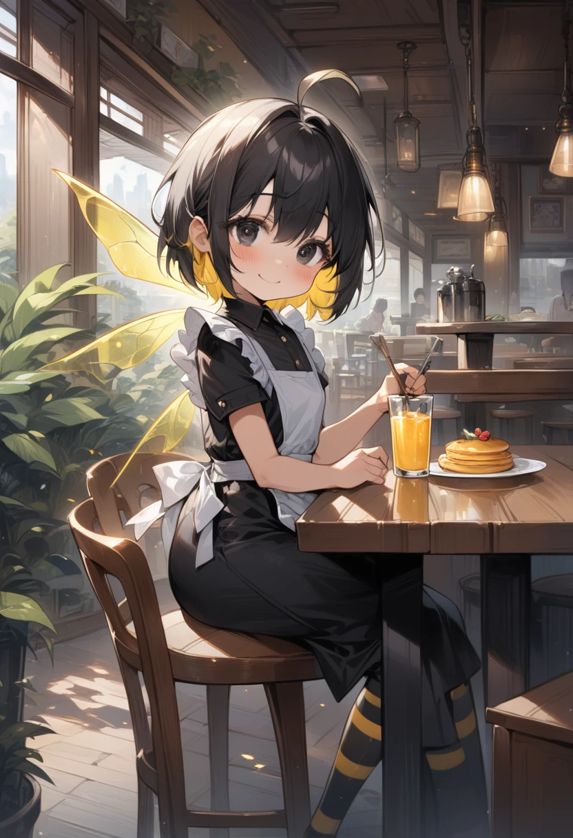 breathtalking Scenery, breathtalking Beauty, breathtalking Cute,scenery, (best quality, masterpiece:1.2), (ultra high quality:1.2),smooth soft skin, natural skin,prismatic reflection,partially underwater shot、reflectio、
BREAK
(hornet girl:1.4), bee girl,(little female child:1.3), (loli:1.3),6 years old, kawaii,baby face,tsurime, small breast, Phat ass,ultra cute face,oily skin,
BREAK
(black hair:1.3),(black eyes:1.2),(yellow dip-dye hair:1.3),(yellow inner hair:1.1),short hair,ahoge, slanted eyes, (highlight on eyes:1.1),(nail_polish:1.1), detailed eyes, puffy eyes, smile,closed mouth,
BREAK
(bee antennae:1.3), (PVC material Extremely small bee wings:1.1), (bee wings:1.1),
BREAK
black blouse,waitress,(white apron:1.2), (black long Skirt:1.1),(yellow striped black stockings:1.3),pierce,frill,
BREAK
in cafeterrace,cafe,drinking honey lemon juice,sitting chair,dish on honey
syrup pancakes on table,The restaurant's interior design seamlessly blended modern and traditional elements,creating a unique and inviting atmosphere,dynamicangle,dynamicpose,insanely detailed and intricate,detailed background,high resolution,HDR,4k,RAW photo,extremely detailed CG,
