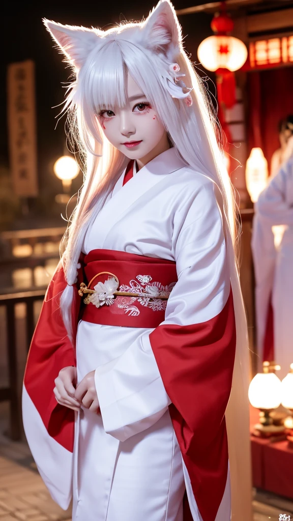 White Demon Fox、Nine-tailed Fox、Japanese women、kimono、Fair skin、Red lines on face、8K、I have long hair、night