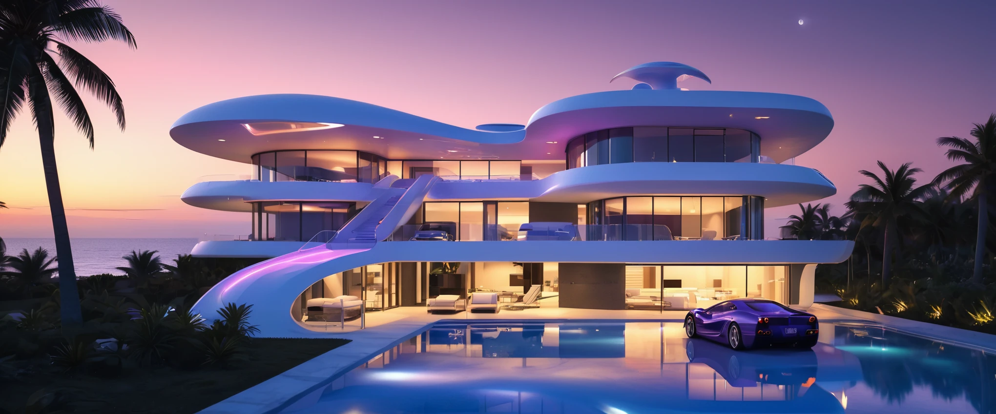 a futuristic multi-level house with a satellite dish for communications and antenna array on the rooftop, with a white Ferrari testarossa parked in front of it, at sunset, on the beach, palm trees, full moon. cgsocietywlop, beautiful curves, intricate devilish designs, qualia, interesting shapes & form, wow factor, elaborate polished, architectural rendering, miami, bioluminescent, colorfull, glow fluid, purple and orange soft lighting in interior of house, futuristic battlefield, inspired by James E. Brewton, precise architectural rendering