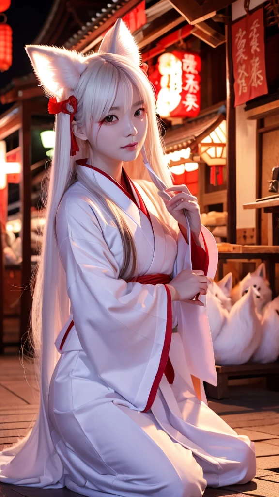 White Demon Fox、Nine-tailed Fox、Japanese women、kimono、Fair skin、Red lines on face、8K、I have long hair、night
