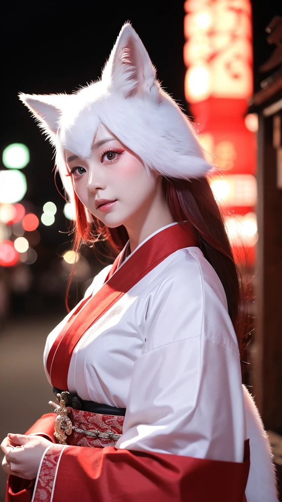 White Demon Fox、Nine-tailed Fox、Japanese women、kimono、Fair skin、Red lines on face、8K、I have long hair、night