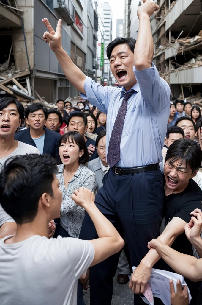 Image size 16∶9 ・A Japanese male politician in his 40s is holding his head and screaming。
・There are two men yelling at the Japanese man behind him.、A large man in his 60s with grey hair. Background:、Crowd of people in a destroyed building
