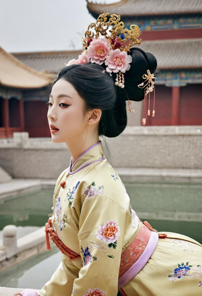 
The image of a Qing Dynasty Empress with her bare buttocks visible. The background is the stone paving outside a Chinese palace during the Qing Dynasty. Only her large buttocks are sticking out. She is either wearing underwear or not. Her protruding buttocks are floating up in the air.　　　　　　　　　　　　　　　　　　　　　　　　　　　　　　
Her hair is decorated with a large flower ornament and a large crown.　
The back of the hair is tied up and up.　Erotic Woman