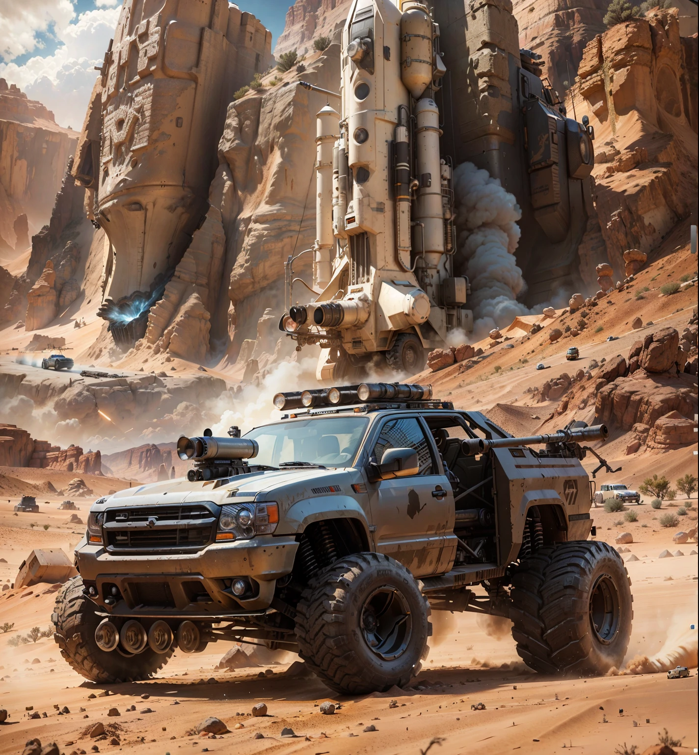 there is an armed with missiles on roof, machine guns in the low bumper and a huge cannon in the back seat truck with four wheels driving in the desert with a great rocket near the back mountains, vehicle concept photo!!, sci-fi highly detailed, concept art like ernest khalimov, sci-fi car, 3 d render and matte painting, in mad max style, rolands zilvinskis 3d render art, vehicle illustration, highly realistic concept art, 8 k high detail concept art