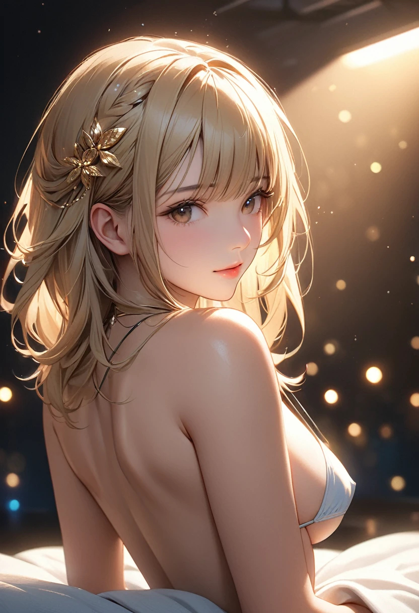 最high quality, masterpiece, High resolution, One girl,Ripped bikini,hair ornaments,necklace,jewelry,Beautiful Face,On top of that_body, Tyndall effect,Realistic, Dark studio, Rim Light, Two-tone lighting,(Skin with attention to detail:1.2), 8k uhd, Digital SLR, Soft lighting, high quality, Volumetric lighting, Frank, photograph, High resolution, 4K, 8k, Bokeh, Blonde, Completely naked.