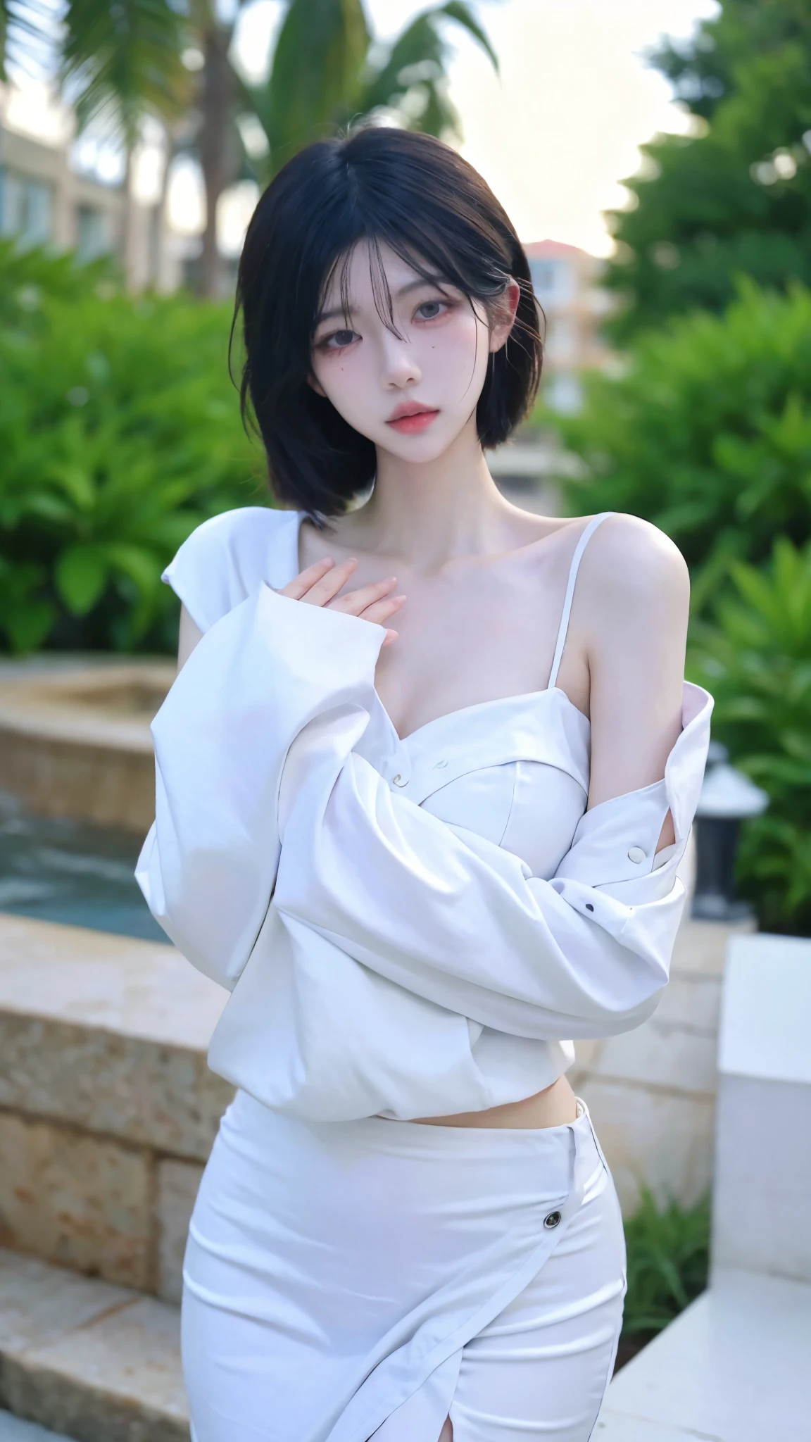 Beautiful woman with perfect figure:1.4，snow，Touching butt with both hands，snow背景，Layered Hairstyle，White skin，Prominent cleavage，Pleated Skirt，whole body，Very delicate face and skin texture，Double eyelids，Skin Whitening，Long white hair