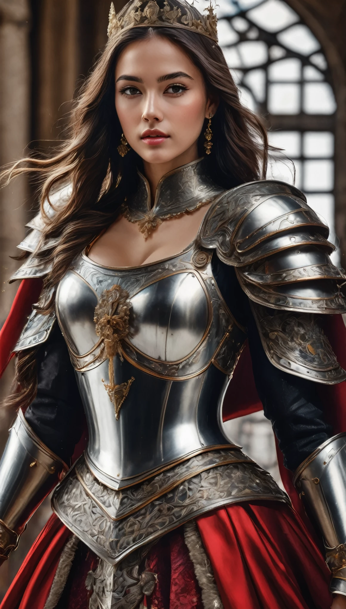 Highest quality, Realistic, photoRealistic, Award-winning photography, (Intricate details, royal palace: 1.2), (Subtle details), (Intricate details), (Cinematic Light, Super sexy long hair woman, knight, , huge bouncing chests, sexy long legs, dynamic sexy pose, knightの正装, Colorful and intricately constructed armor, knight, leg armor, Red Cape, Upper body close-up),