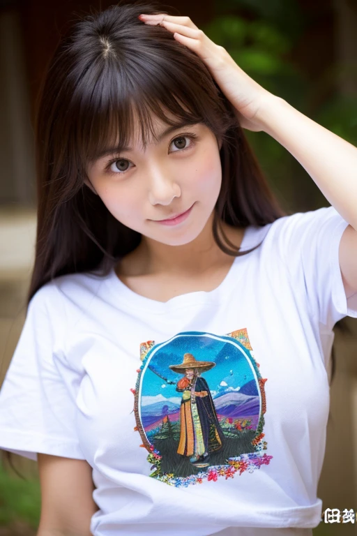 One girl, alone, Highest quality, masterpiece , Japanese、T-shirt lifted to show breasts,