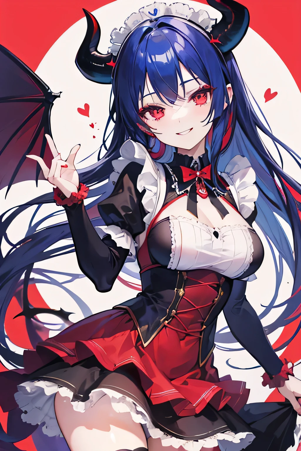 18 year old beautiful girl, Red big eyes, Petite and slender、slightly large breast, beige hair,)),(loose twintail hair), in 8K, of the highest quality, (Highly detailed head: 1.0), (Very detailed face: 1.0), (very detail hair: 1.0),(revealing black outfit), ((Succubus)),Detailed official artwork, anime moe art style, clean detailed anime art, Cool smile