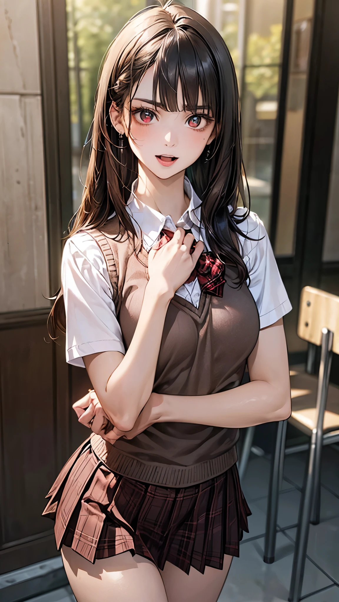 (masterpiece:1.2, top-quality), (realistic, photorealistic:1.4), beautiful illustration, (natural side lighting, movie lighting), depth of fields, nsfw,
beautiful detailed hair, beautiful detailed face, beautiful detailed eyes, beautiful clavicle, beautiful body, beautiful chest, beautiful thigh, beautiful legs,
looking at viewer, 1 girl, 12 years old, (perfect anatomy, anatomically correct, super detailed skin), cute and symmetrical face, perfect face, perfect eyes,
(long hair, straight hair:1.5, sideburns, black hair), blunt bangs, break red eyes, big eyes, long eye lasher, (medium breasts, seductive thighs), perfect body, shiny skin, pink skin,
(detailed cloth texture, break short sleeve white collared shirt, break (brown knit vest), break dark brown pleated skirt, break dark red plaid bow tie), break
(beautiful scenery), (school crassroom:1.2), standing, (hands on chest, guts pose, clenched hands), (serious look, open mouth),