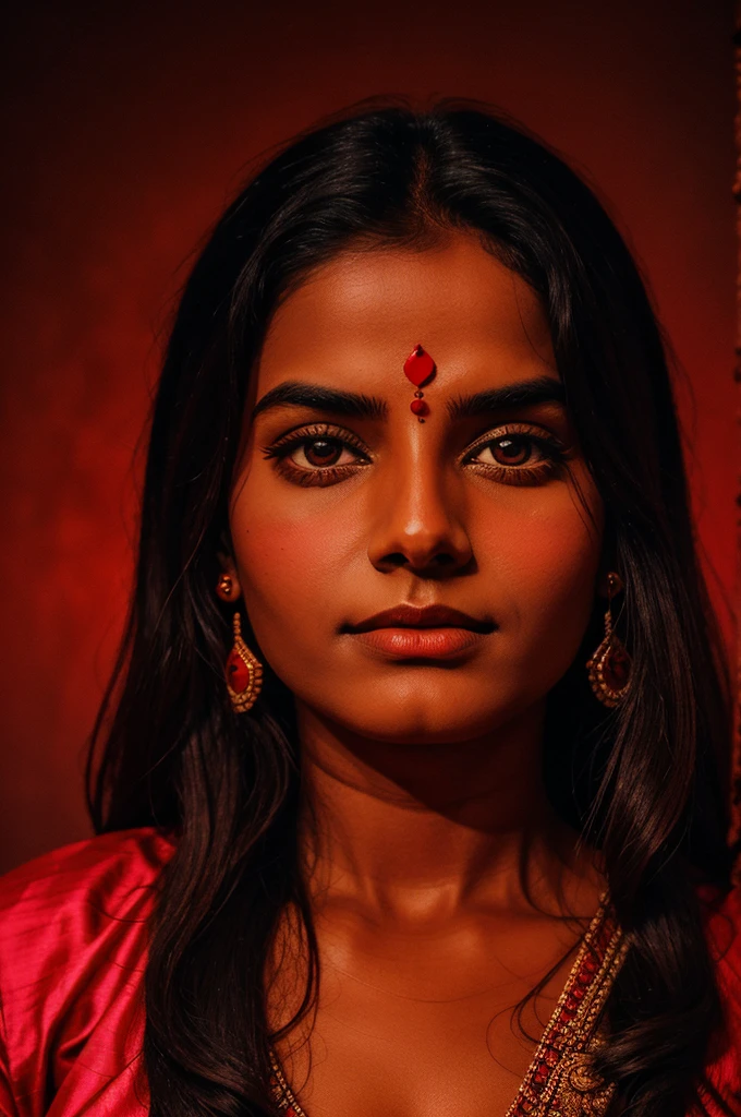 Award-winning portrait photo of upper body of goddess Durga, (Hindu goddess), wearing red dress, 50-year-old Indian woman, wavy and long flowing black hair, eyes looking up, (square face), bronze-colored skin, telephoto, Himalaya background