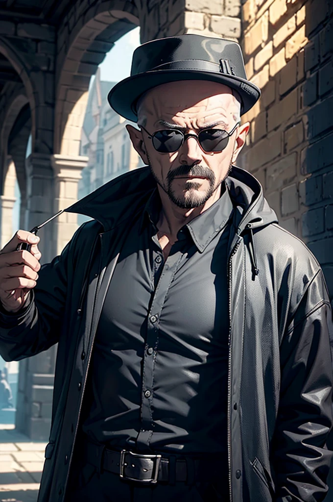 man wearing black sunglasses, No hats., Looks like Karl Heisenberg, middle aged man, gray eyes, be a wizard, Dress or wear medieval clothing., Dungeon and Dragon, Put on a wizard&#39;s outfit