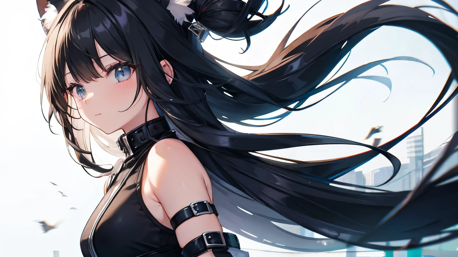 Perfect human body modeling, 1 girl, cute girl, pretty face, bitter smile, 12 years old, Beautiful black long hair, beautiful jet black eyes, flat chest, small build, No muscles, white skin, 2B, Nier automate dressing in costume, esp. as a manga character, A devastated world, cities eroded by vegetation