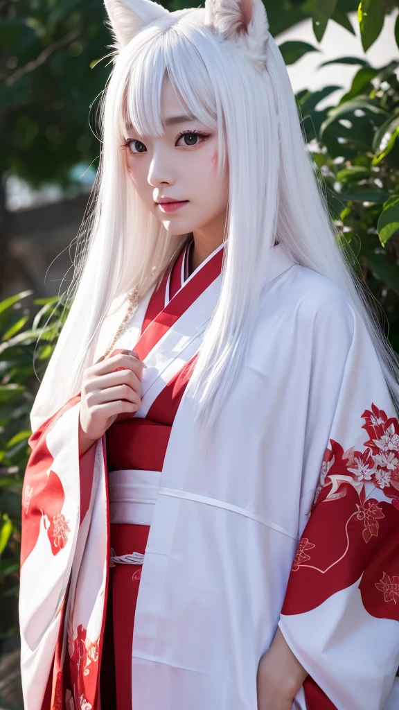 White Demon Fox、Nine-tailed Fox、Japanese women、kimono、Fair skin、Red lines on face、8K、I have long hair、night、front face