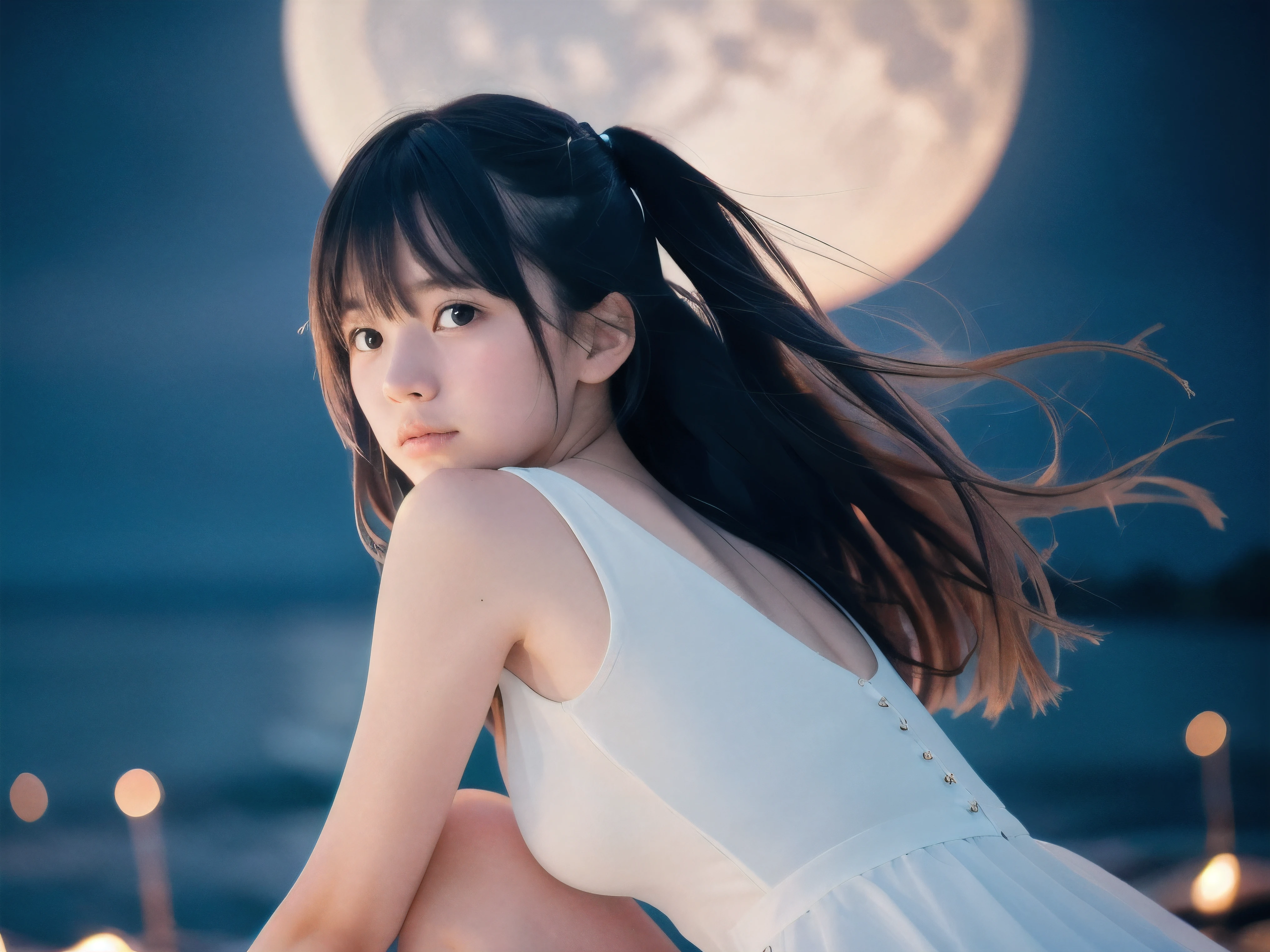 (Close up face shot of slender small-breasted two side up black medium hair with bangs girl wearing a white summer dress:1.5)、(One girl is looking back and big crying face with tears at the cape of the sea in Japan:1.5)、(Beautiful full moon night on the sea:1.5)、(blurred background:1.5)、(8k ultra detailed master piece:1.5)、(perfect anatomy:1.5)、(Photorealistic stick:1.5)、(Raw photo:1.3)、(highest quality:1.5)、(High resolution:1.3)、(Delicate and beautiful perfect face:1.3)、(Delicate and beautiful eye air skin:1.3)、(Real Human Skin:1.3)、((thin legs))