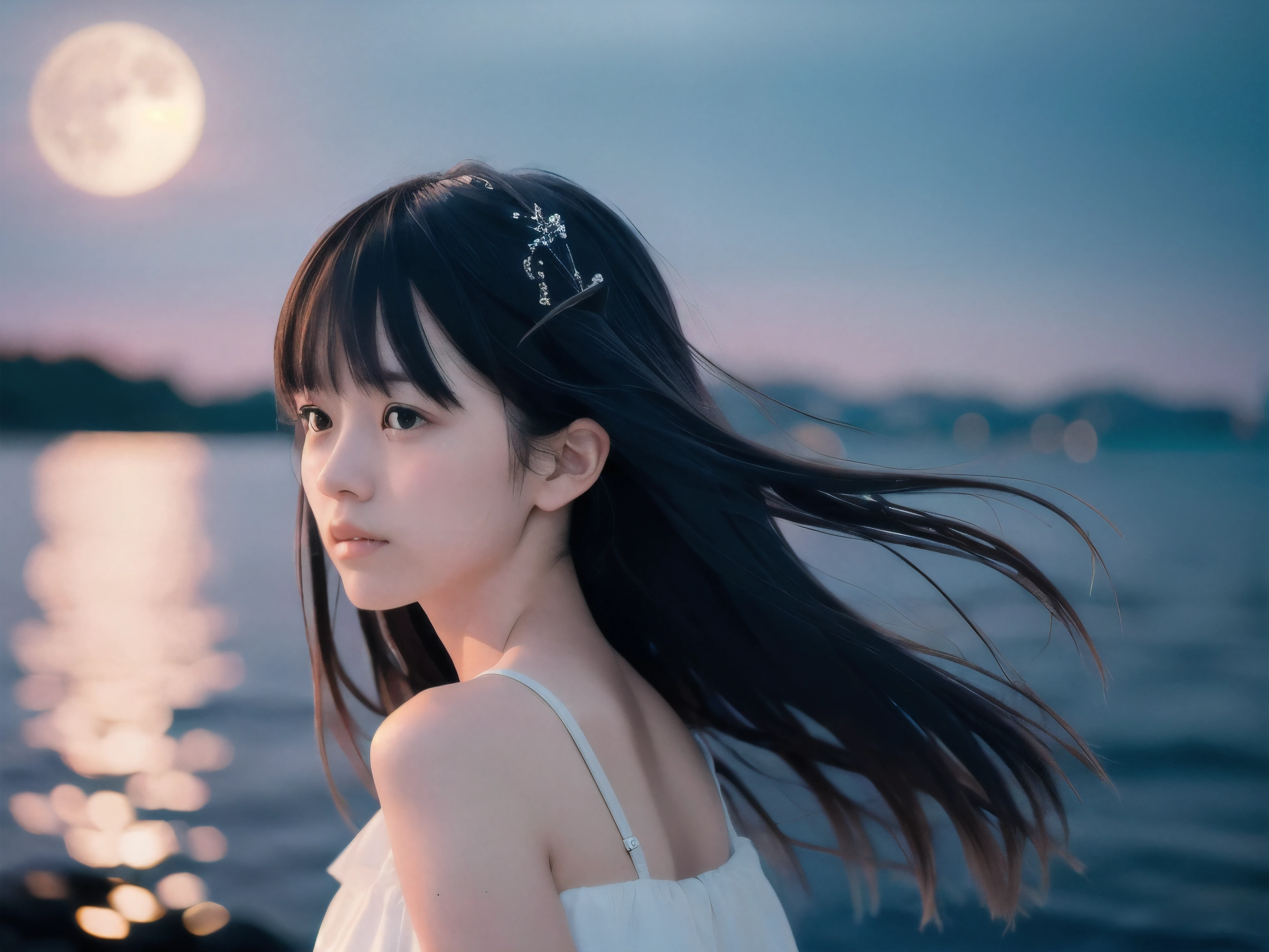 (Close up face shot of slender small-breasted two side up black medium hair with bangs girl wearing a white summer dress:1.5)、(One girl is looking back and big crying face with tears at the cape of the sea in Japan:1.5)、(Beautiful full moon night on the sea:1.5)、(blurred background:1.5)、(8k ultra detailed master piece:1.5)、(perfect anatomy:1.5)、(Photorealistic stick:1.5)、(Raw photo:1.3)、(highest quality:1.5)、(High resolution:1.3)、(Delicate and beautiful perfect face:1.3)、(Delicate and beautiful eye air skin:1.3)、(Real Human Skin:1.3)、((thin legs))
