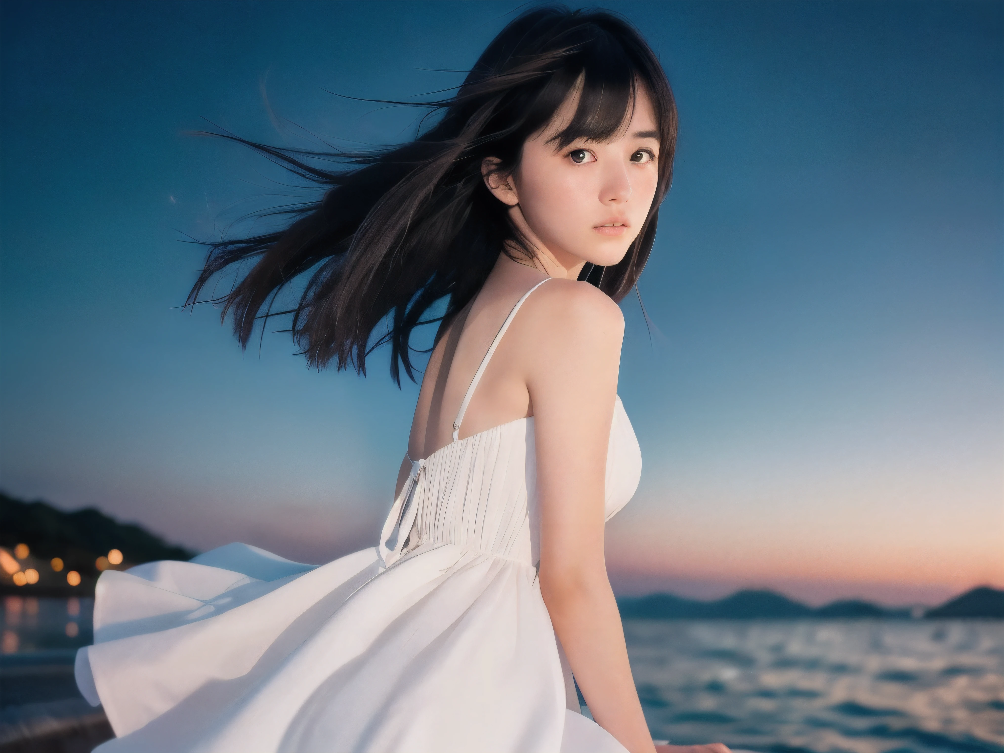 (Close up face shot of slender small-breasted two side up black medium hair with bangs girl wearing a white summer dress:1.5)、(One girl is looking back and crying face with tears at the cape of the sea in Japan:1.5)、(Beautiful stary midnight on the sea:1.5)、(blurred background:1.5)、(8k ultra detailed master piece:1.5)、(perfect anatomy:1.5)、(Photorealistic stick:1.5)、(Raw photo:1.3)、(highest quality:1.5)、(High resolution:1.3)、(Delicate and beautiful perfect face:1.3)、(Delicate and beautiful eye air skin:1.3)、(Real Human Skin:1.3)、((thin legs))