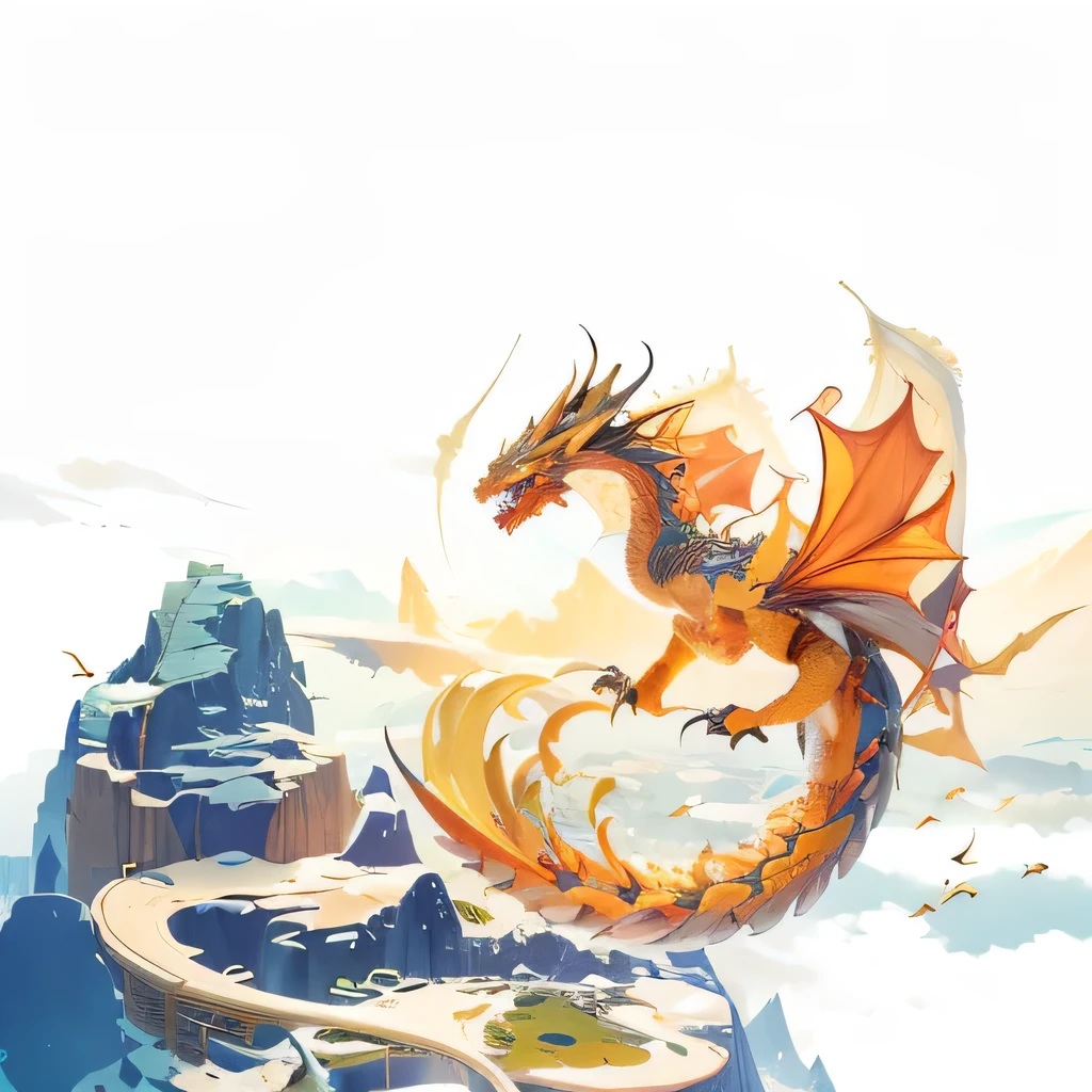 There is a dragon flying over a mountain with a sky background, ''Phoenix Wallpaper resting, Fenglong, Chinese dragon concept art, jellyfish Fenglong, Dragon flying in the background, ''Phoenix Wallpaper, A beautiful artistic illustration, Chinese Fantasy, G Liulian art style, dragon flying in the sky, Set against the backdrop of a dragon, dragon flying in the sky