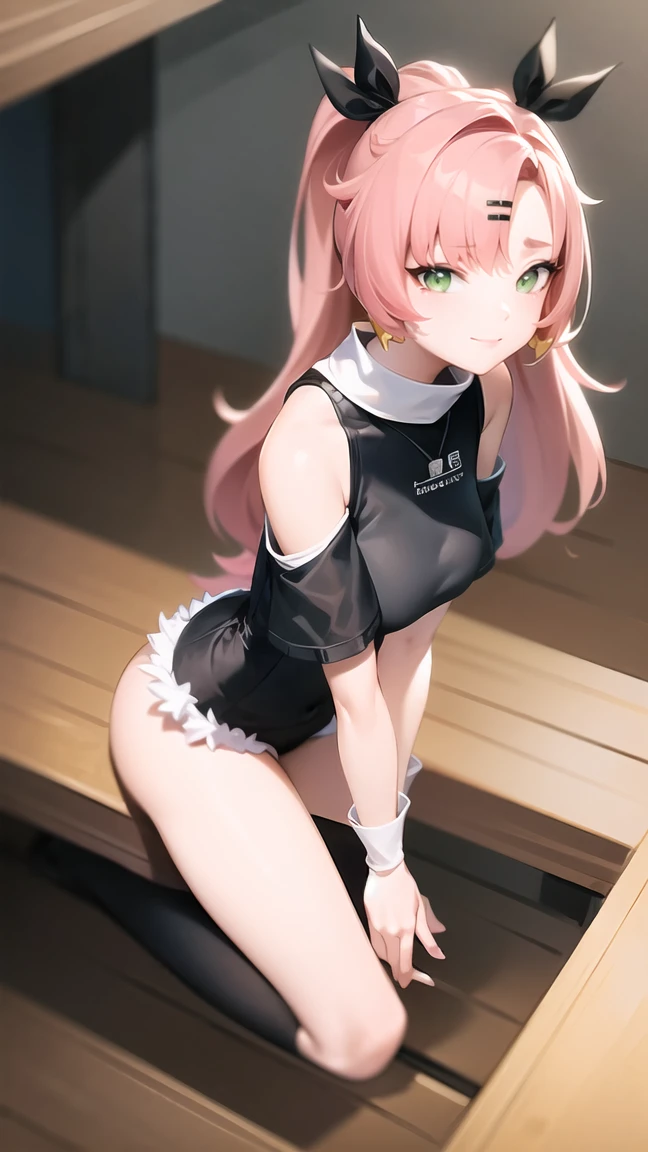 extremely detailed computer graphics, a high resolution, Best quality, masterpiece, stands leaning on the table, very sexy, Erotica, full length (full body 1.1.), Nicole starts(ZZZ), pink hair, hair ribbon, ponytail, two sides up, Top tube, bare shoulders, beautiful breasts , micro shorts, green eyes, I look at the viewer, sitting hair clip, smile,