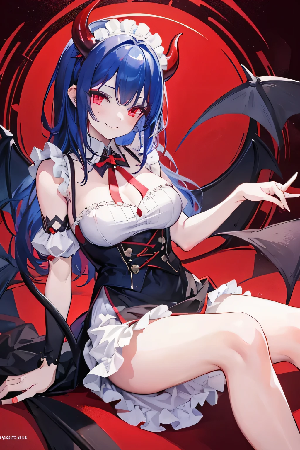 A beautiful girl, demon, maid, smiling, red crimson eyes color, dark blue hair color, demon horns, demon tails, demon wing, 27-year-old, laughing, heart sign, Fix finger