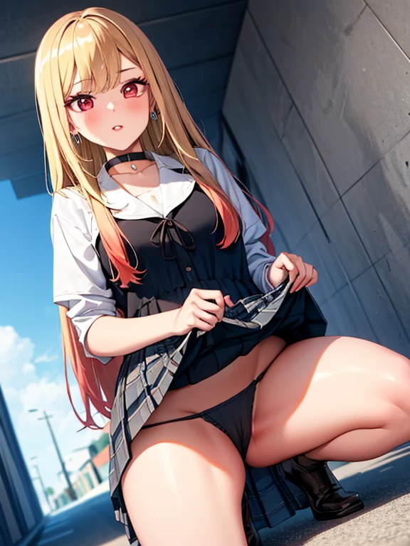 Low Angle Shot, kitagawa marin, 1girl, Blonde, Long Hair, Multicolored Hair, Red eyes, jewelry, Earrings, Earrings, Black choker, Skirt Lift, Panty shot, squat, blush, Lure, alley, uhd, retina, masterpiece, ccurate, anatomically correct, textured skin, super detail, high details, high quality, best quality, highres, 4K