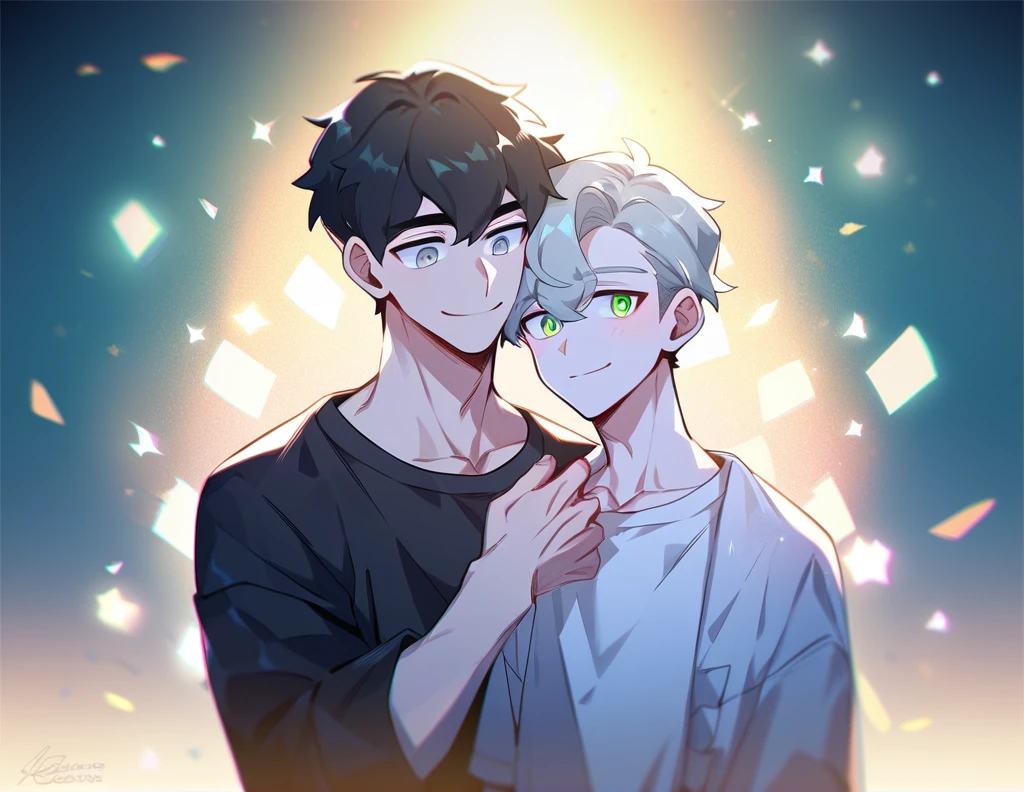 2 young men, focus man , Yaoi, pair, 1 daughter, 2 twin sons, portable princess, bear, look elsewhere, smile, short hair, black hair, green eyes, black hair, gray eyes , The best aesthetics , best quality, Amazing quality, The best aesthetics, nonsense,bright