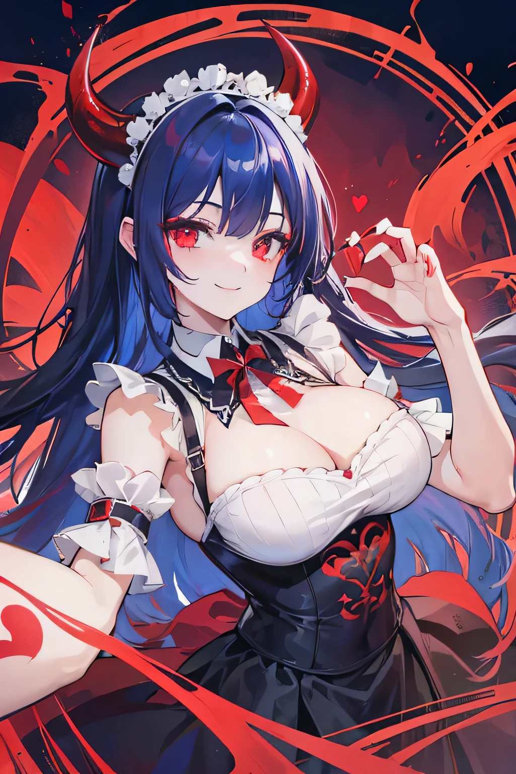 A beautiful girl, demon, maid, smiling, red crimson eyes color, dark blue hair color, demon horns, demon tails, demon wing, 27-year-old, laughing, heart sign, fix finger