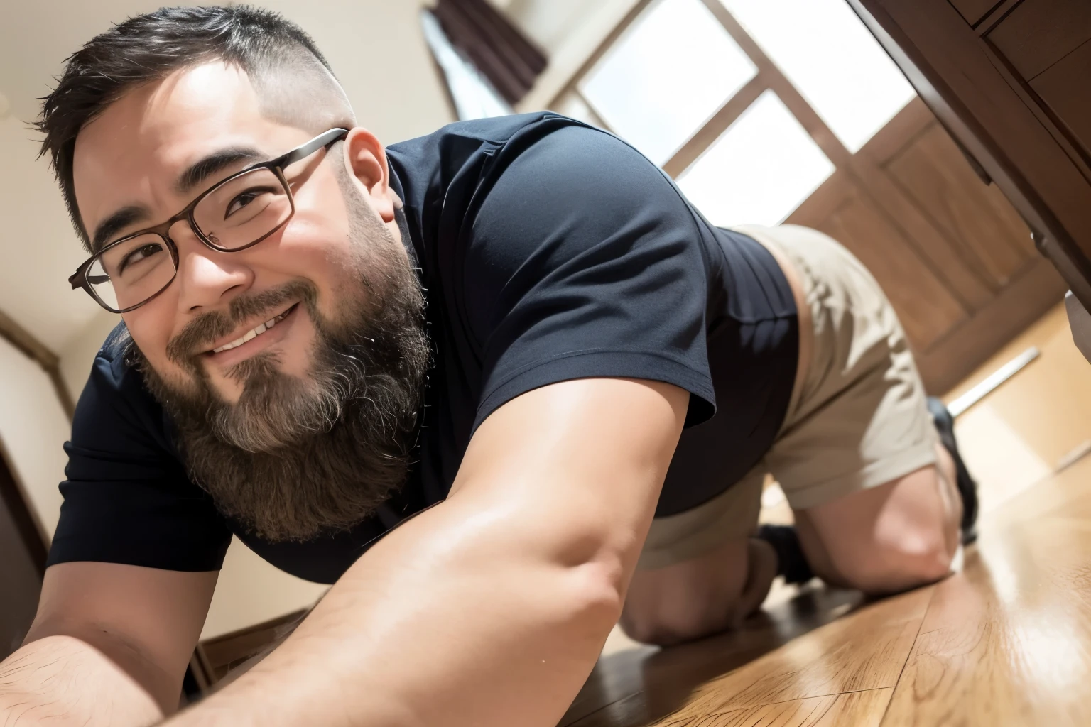 (Low angle shot), male, smile, middle aged, (On all fours), beard. Glasses, obesity, (yossan)