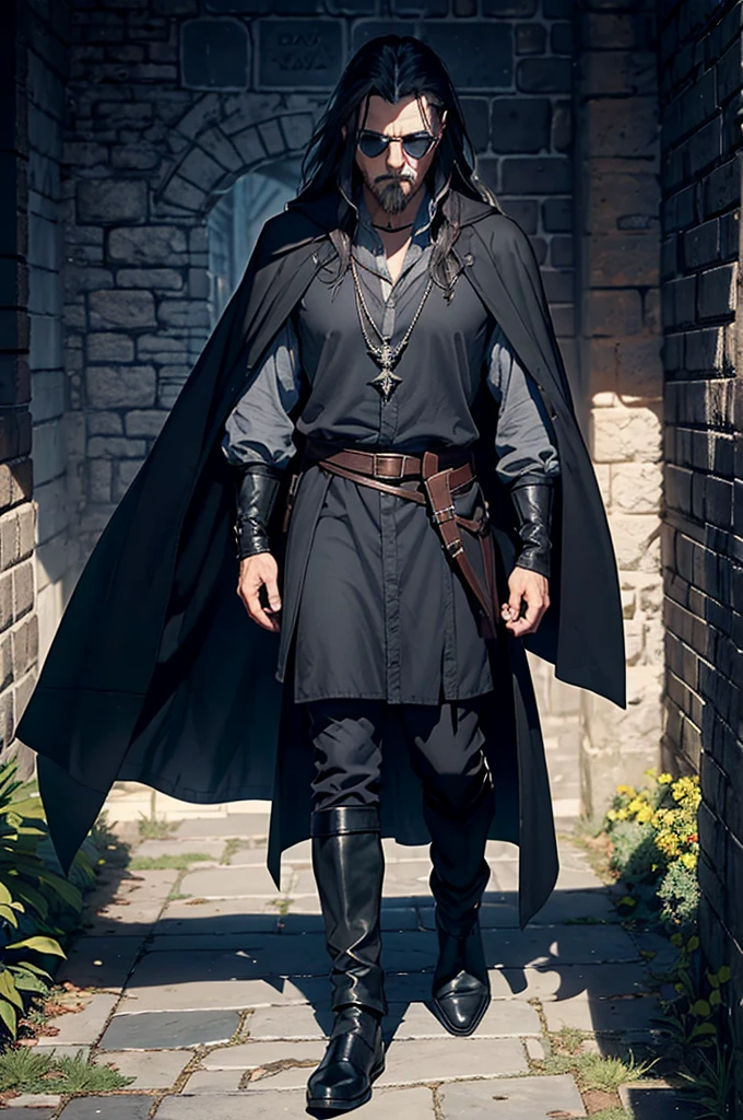 man wearing black sunglasses, No hats., Solomon Kane Hairstyle, Looks like Karl Heisenberg, middle aged man, gray eyes, be a wizard, Dress or wear medieval clothing., Dungeon and Dragon, Put on a wizard's outfit