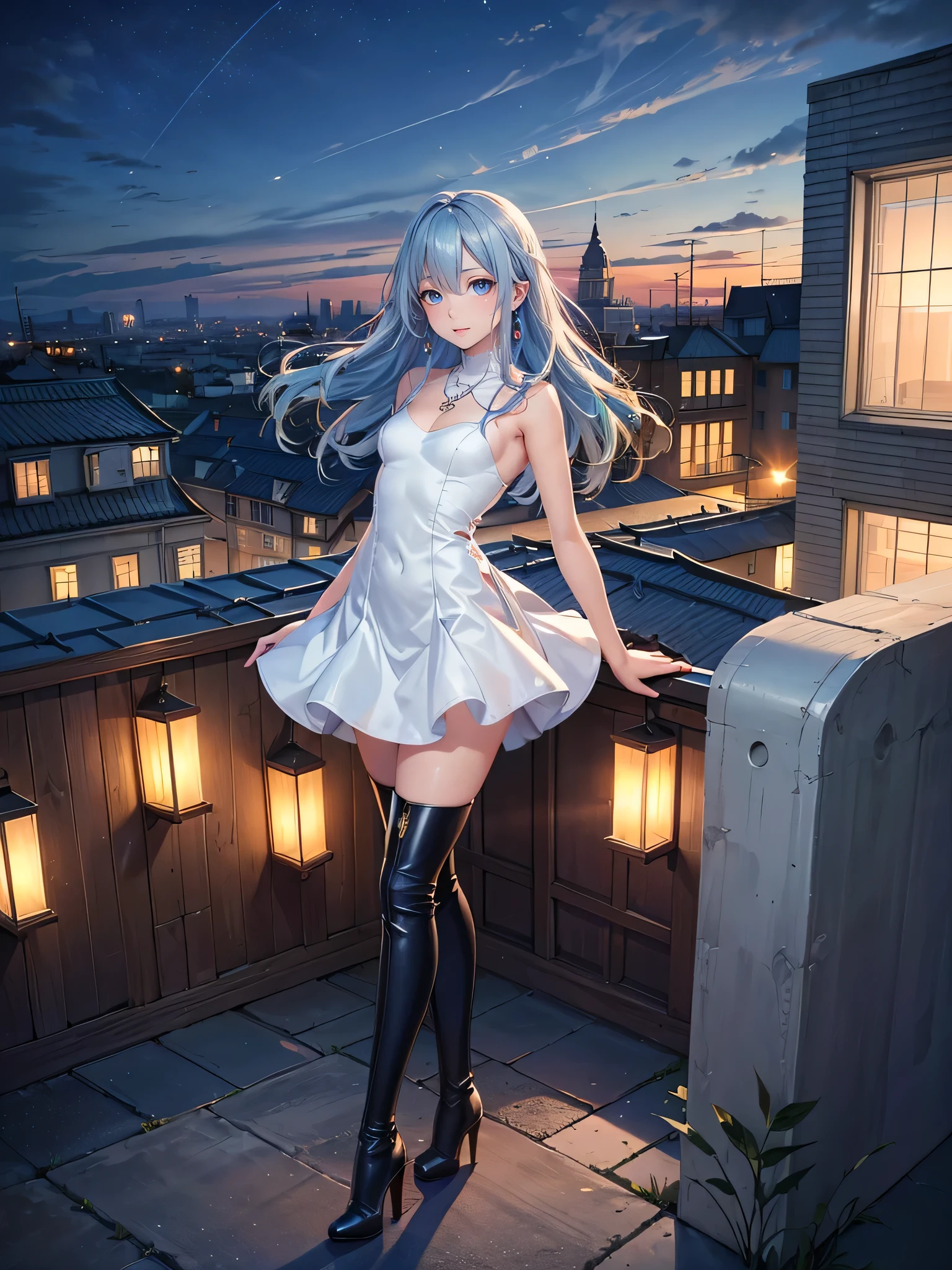 ((Biologically correct limb count)),(( From head to toe,Full-body photo including face)),4K,((Standing position)),masterpiece,((Focus on the face)),((Symmetrical facial features)),Eyes with detailed description,Beautiful woman,Great style,Beautiful arms,Beautiful legs,Beautiful Hands,(Small Ass,Thin thighs),Detailed depiction of the face,Small earrings,necklace,(Will ,dress((High heel long boots))),((evening,Looking out at the city from the school rooftop)),(((blue blonde))),Realistic photo,