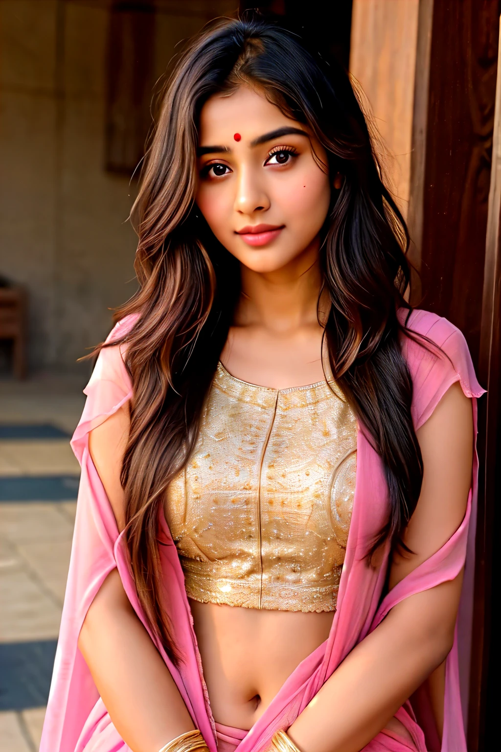 Lovely cute yonug attractive indian girl, with brown eyes a gorgeous actress, 22 years oldan instagram modal,long blonde hair, colorful hair,winter,indian wearing a salwar kameezand dupatta, woman,indian traditiona