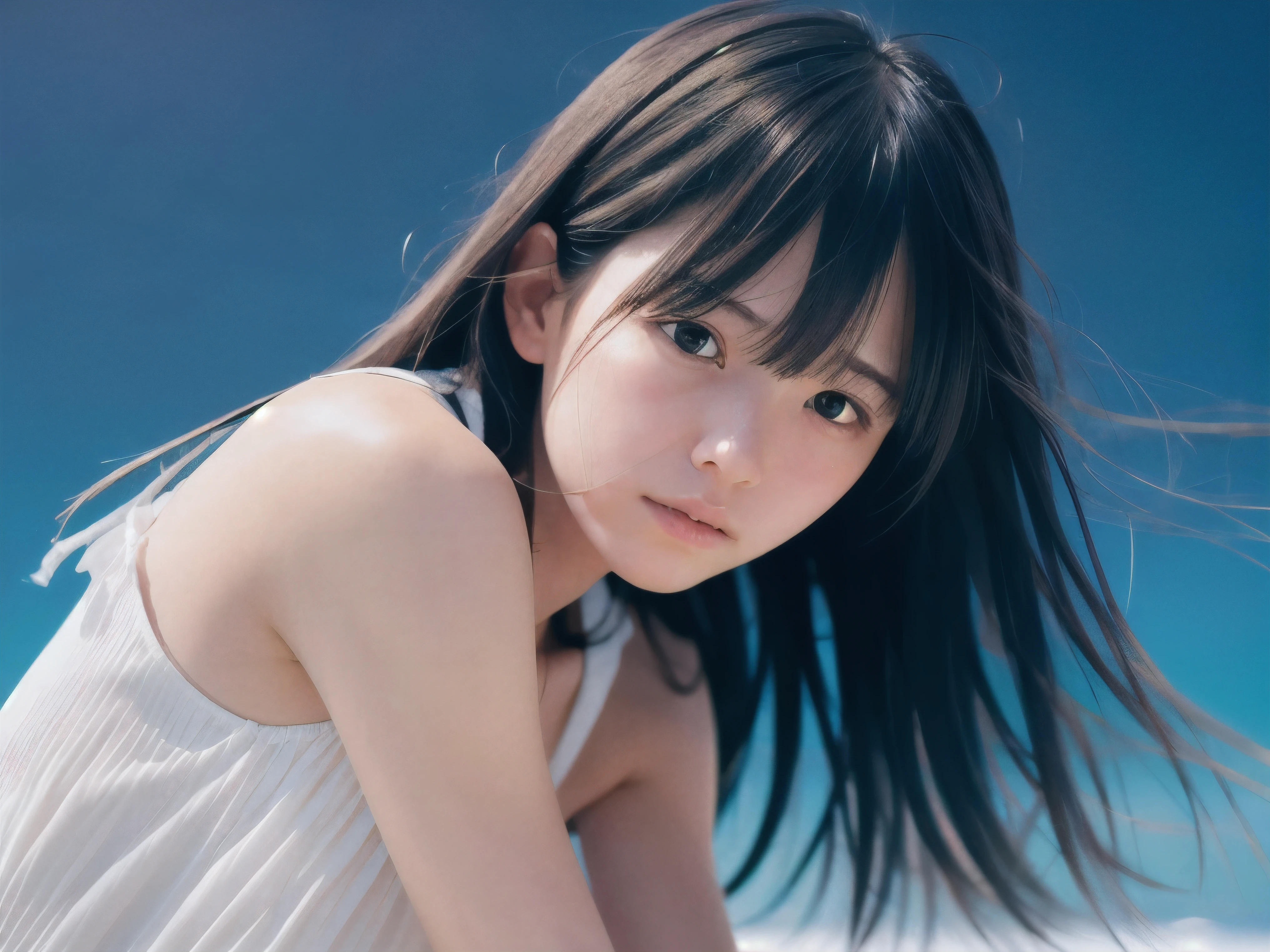 (Close up face shot of slender small-breasted two side up black medium hair with bangs girl wearing a white summer dress:1.5)、(One girl is turn around and crying face with tears at the cape of the sea in Japan:1.5)、(Beautiful full moon night on the sea:1.5)、(blurred background:1.5)、(8k ultra detailed master piece:1.5)、(perfect anatomy:1.5)、(Photorealistic stick:1.5)、(Raw photo:1.3)、(highest quality:1.5)、(High resolution:1.3)、(Delicate and beautiful perfect face:1.3)、(Delicate and beautiful eye air skin:1.3)、(Real Human Skin:1.3)、((thin legs))